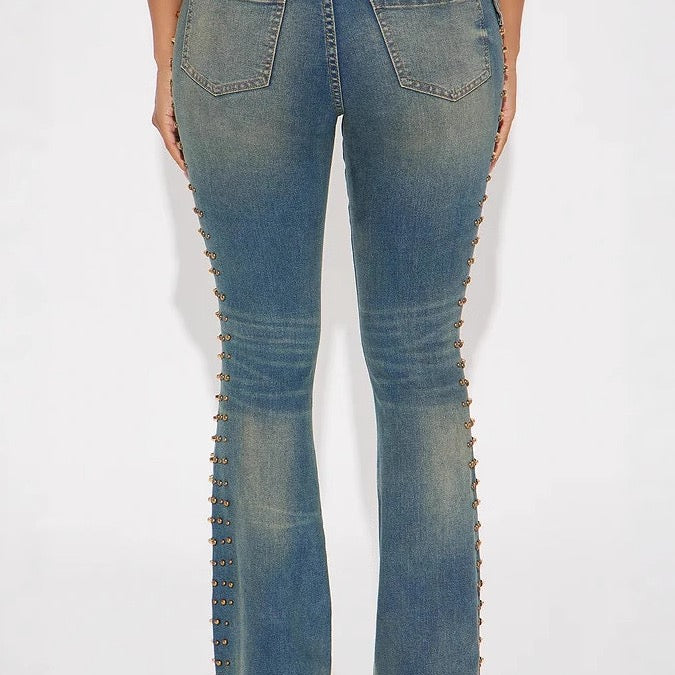 Stud Hem Flare Jeans — Blue
