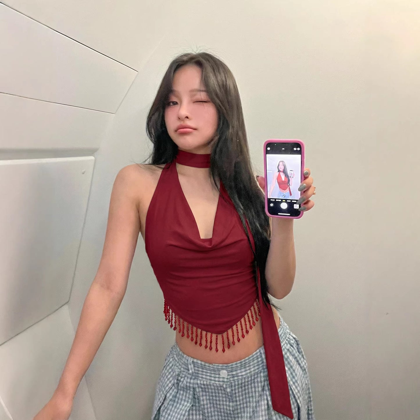 Beaded Fringe Halter Top — Burgundy