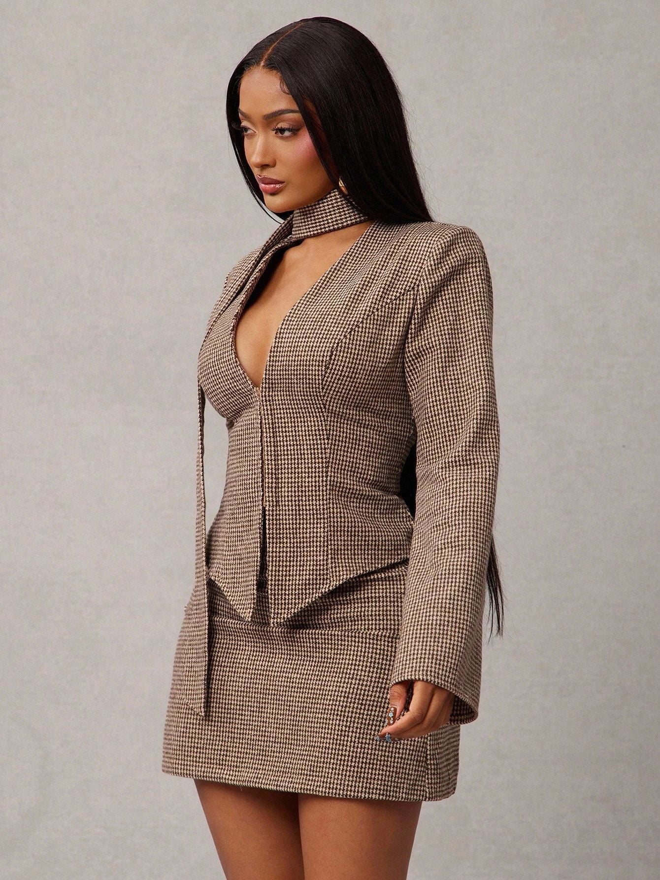 Houndstooth Blazer Mini Dress — Grey