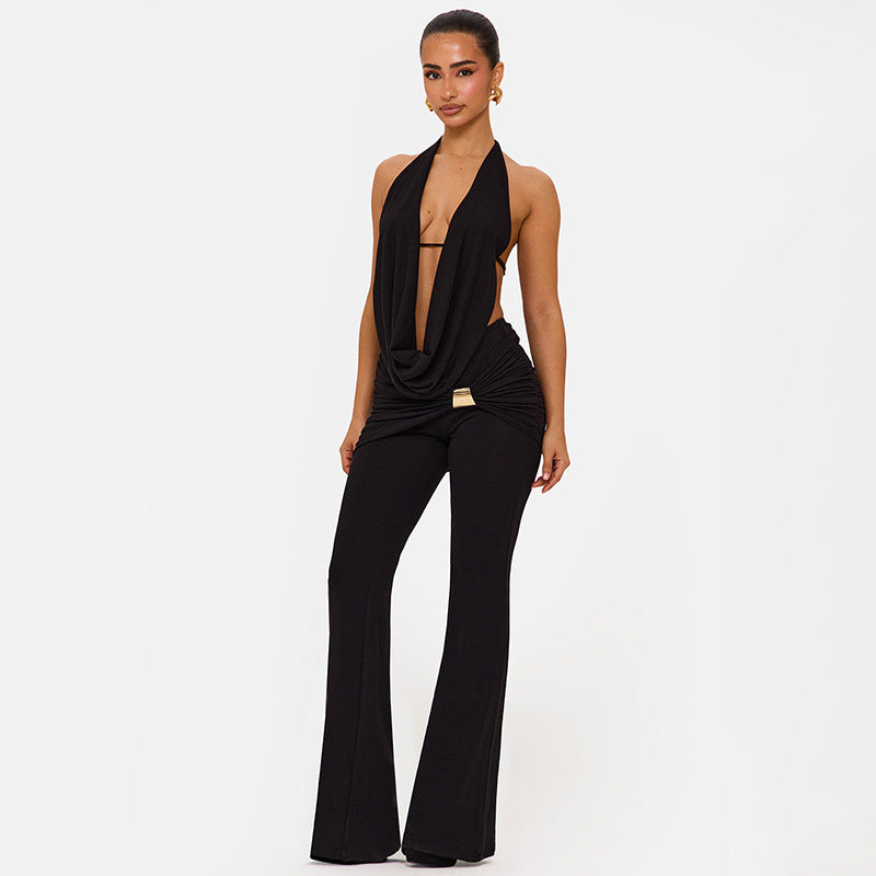 Noir Drape Halter Jumpsuit — Black