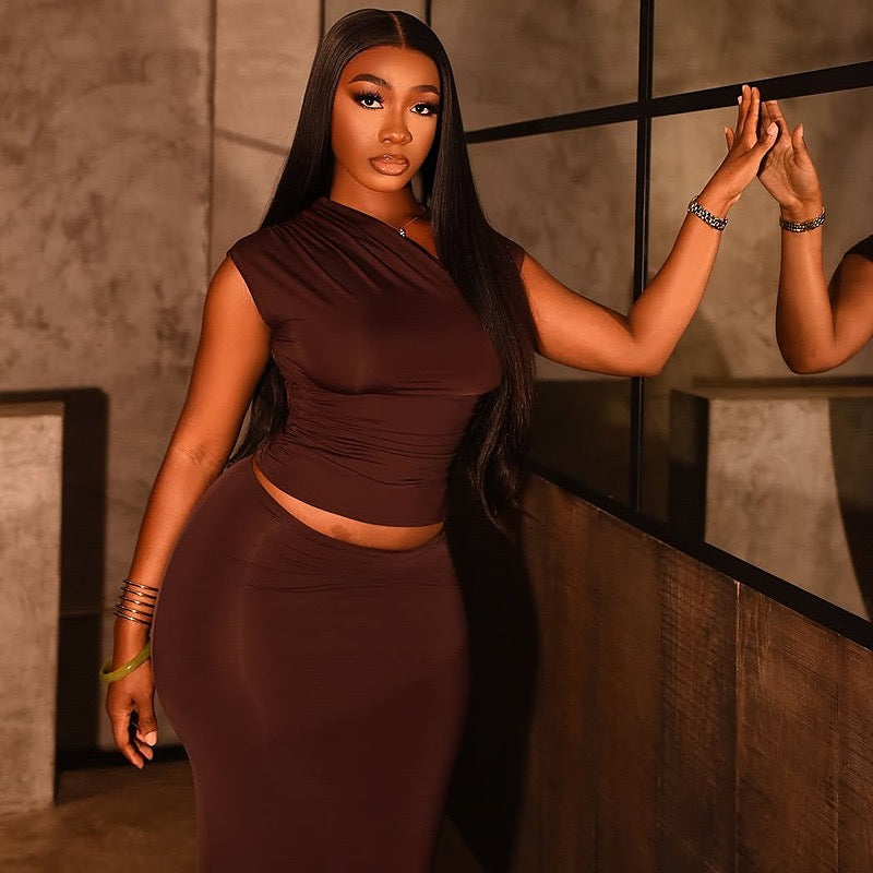 Draped Co-ord Set — Chocolate Brown