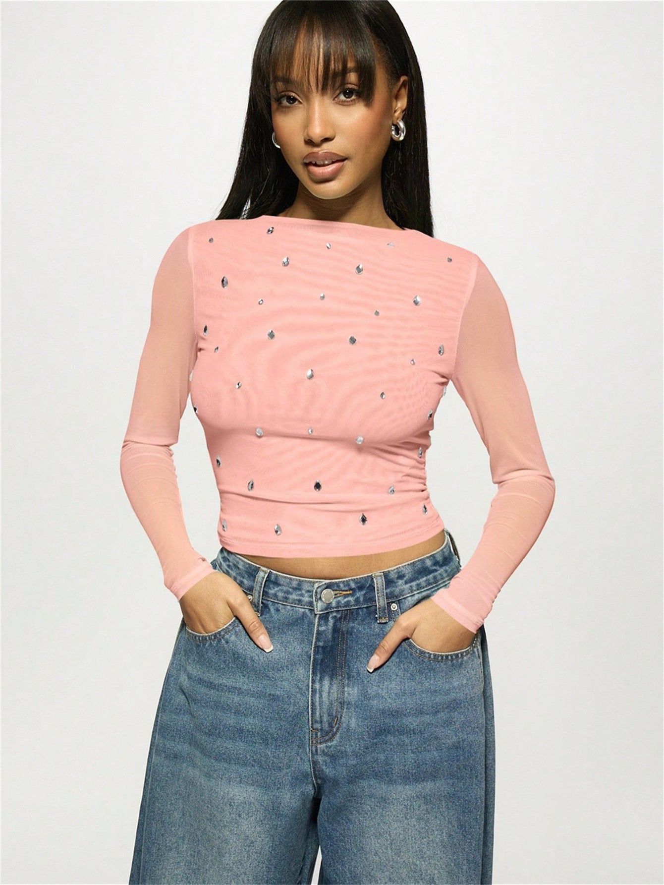 Crystal Mesh Long Sleeve Top