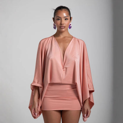 Sage Cape-Sleeve Satin Mini Dress — Green