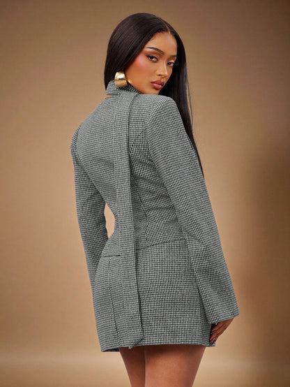 Houndstooth Blazer Mini Dress — Grey