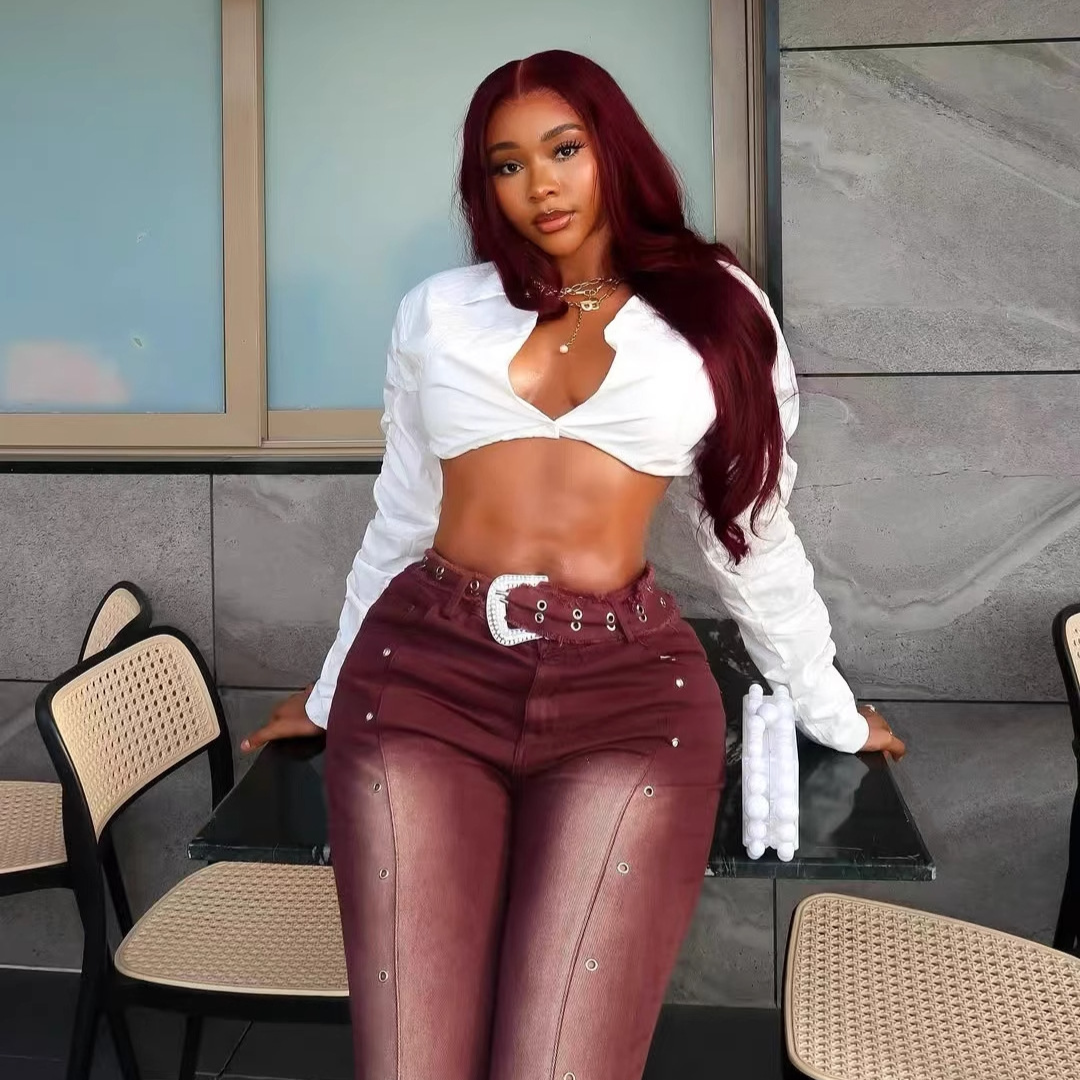 Bordeaux Stud Flare Jeans — AZOMME