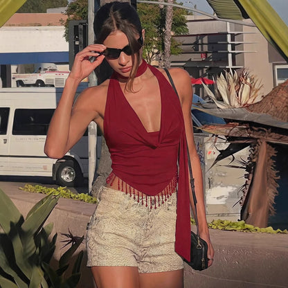 Beaded Fringe Halter Top — Burgundy