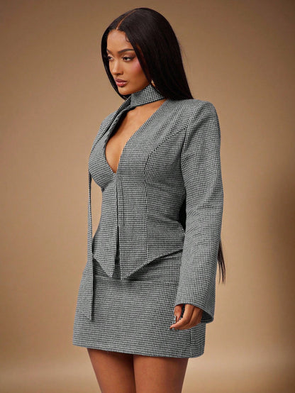 Houndstooth Blazer Mini Dress — Grey