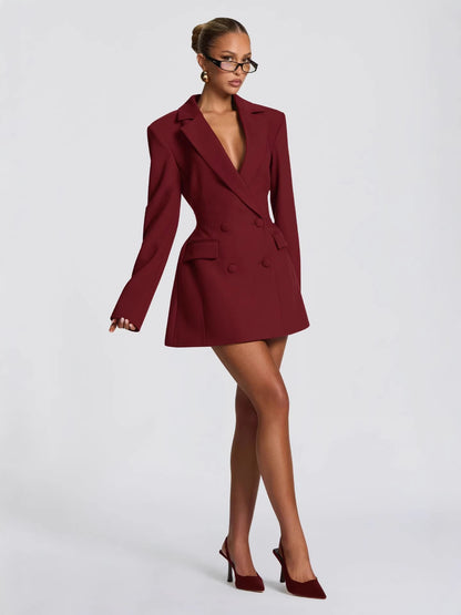 Bordeaux Double-Breasted Blazer Dress