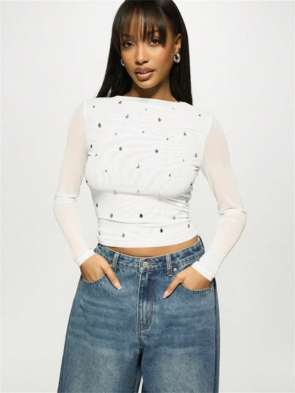 Crystal Mesh Long Sleeve Top