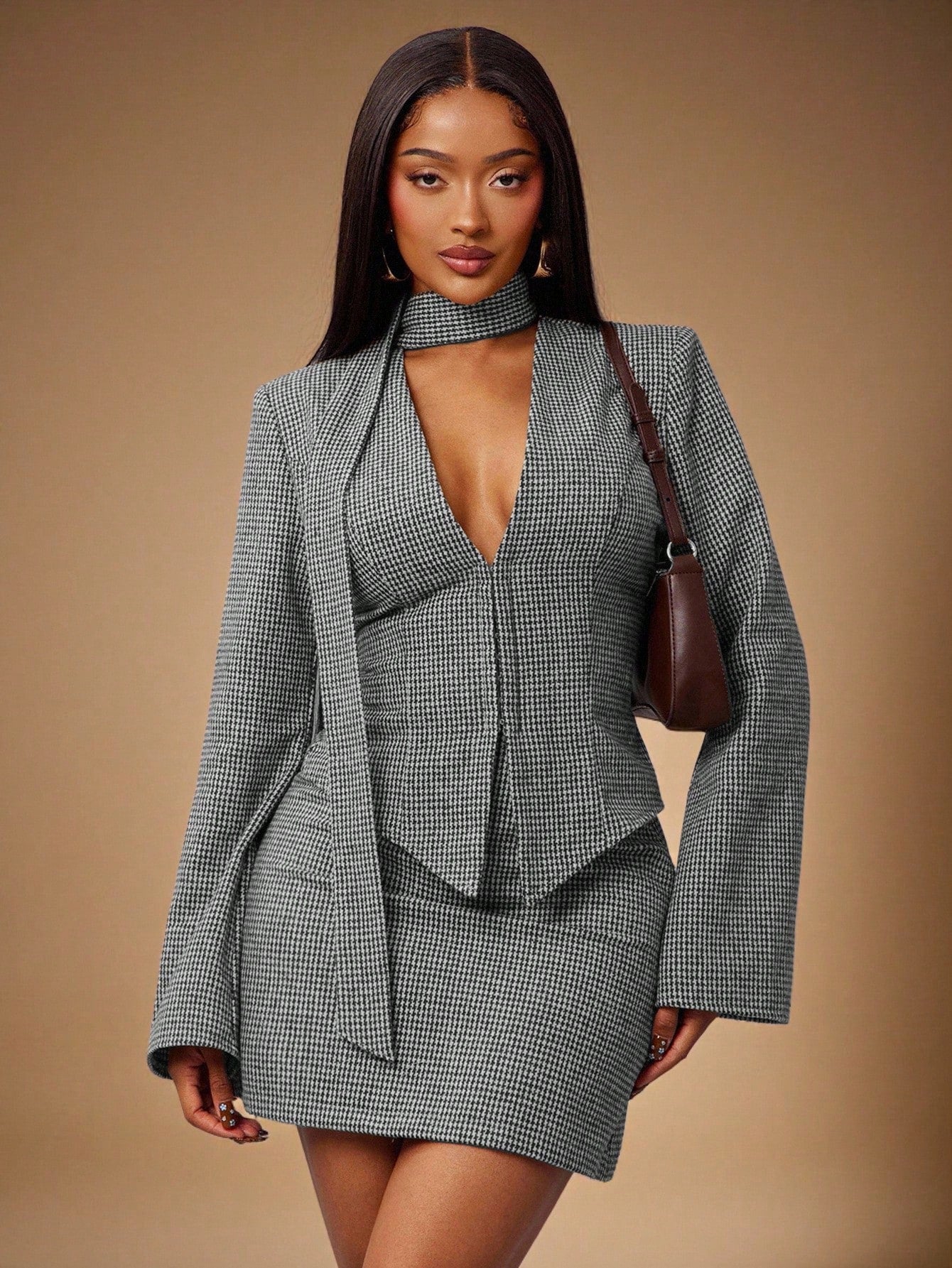 Houndstooth Blazer Mini Dress — Grey