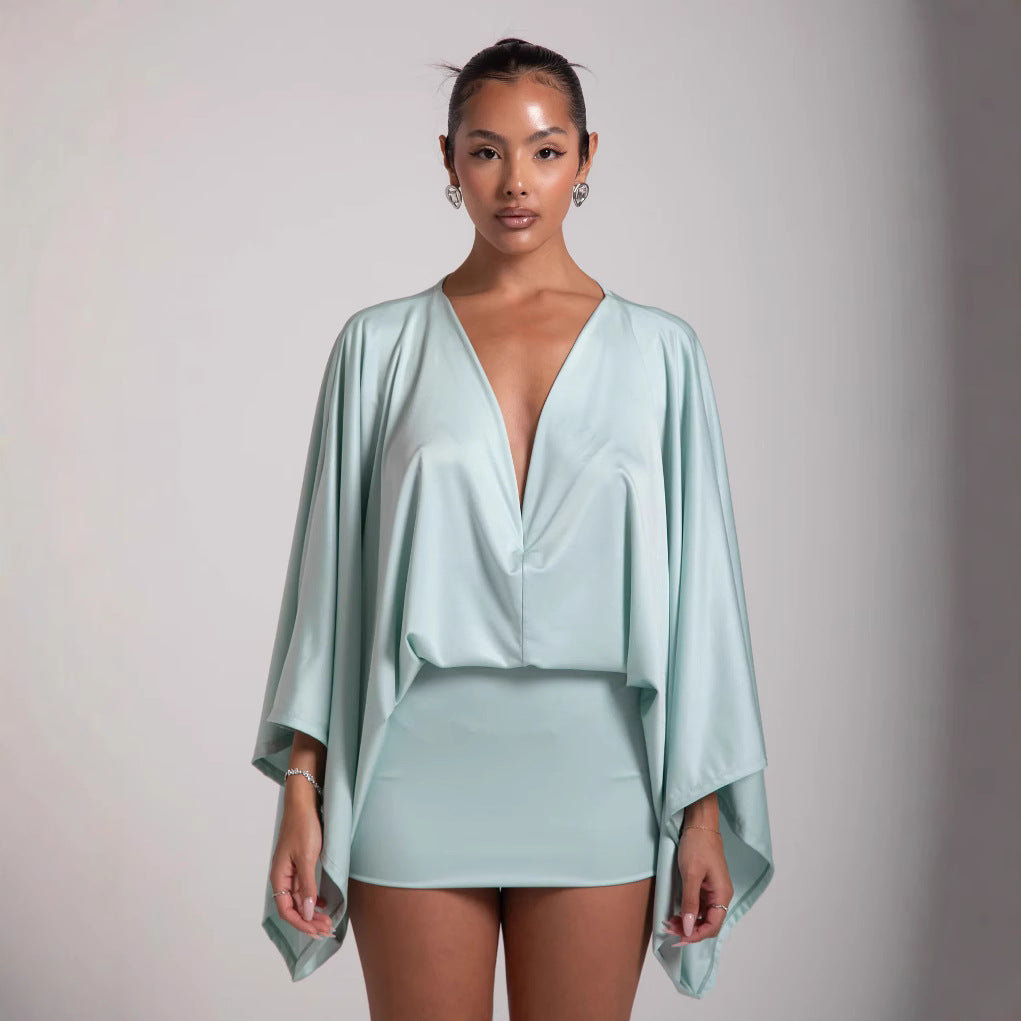 Sage Cape-Sleeve Satin Mini Dress — Green