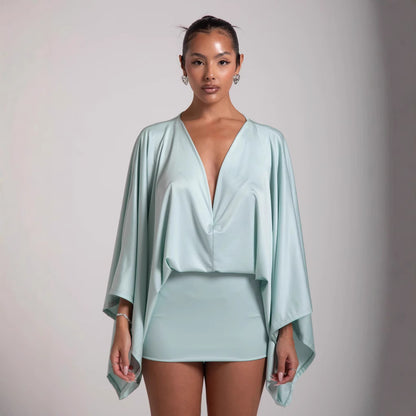 Sage Cape-Sleeve Satin Mini Dress — Green