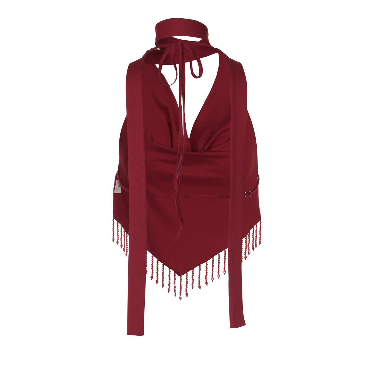 Beaded Fringe Halter Top — Burgundy