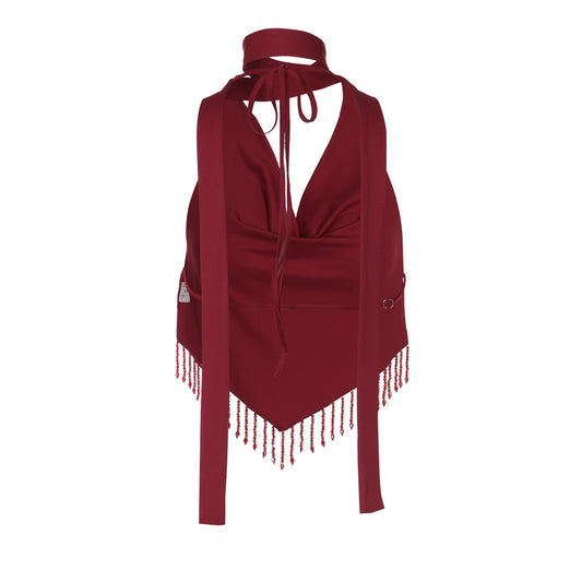 Beaded Fringe Halter Top — Burgundy