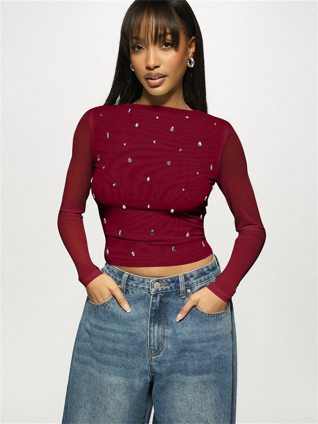 Crystal Mesh Long Sleeve Top