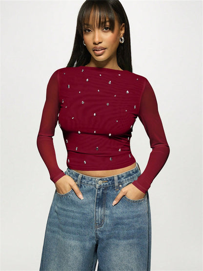 Crystal Mesh Long Sleeve Top