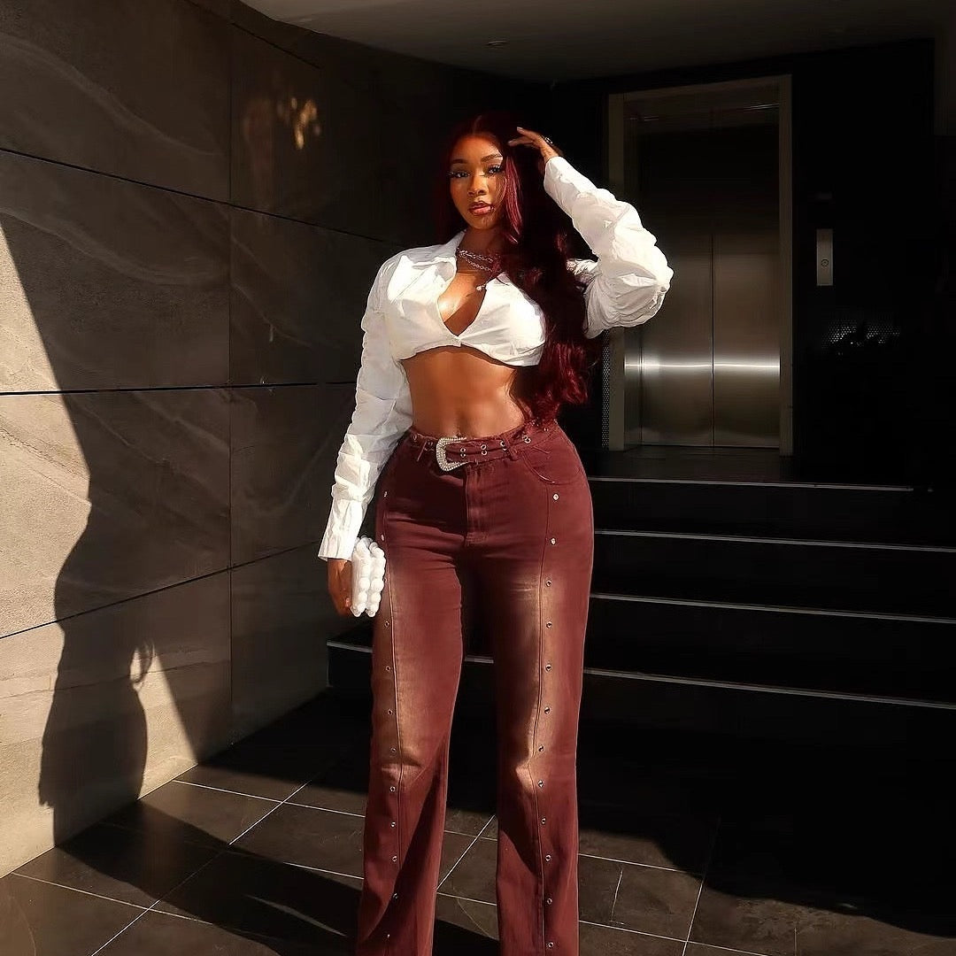 Bordeaux Stud Flare Jeans — AZOMME