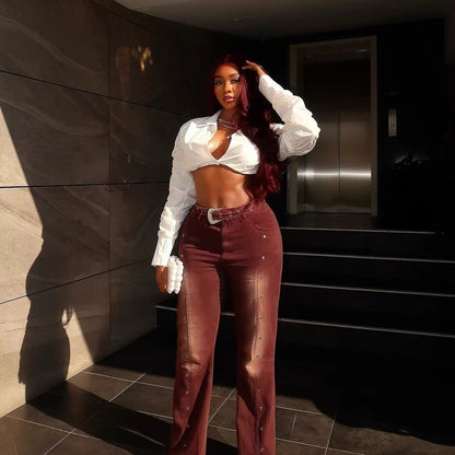 Bordeaux Stud Flare Jeans — AZOMME