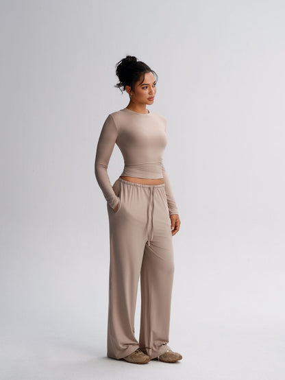Mesh Crop & Wide Leg Co-ord Set — Mocha