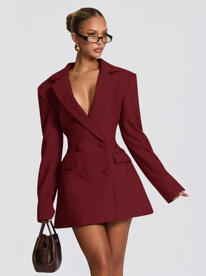 Bordeaux Double-Breasted Blazer Dress