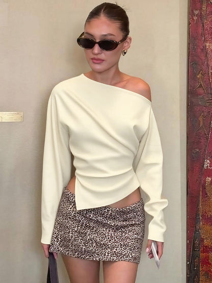 Asymmetric Off-Shoulder Draped Top — Ivory