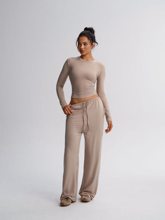 Mesh Crop & Wide Leg Co-ord Set — Mocha
