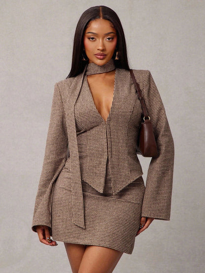Houndstooth Blazer Mini Dress — Grey