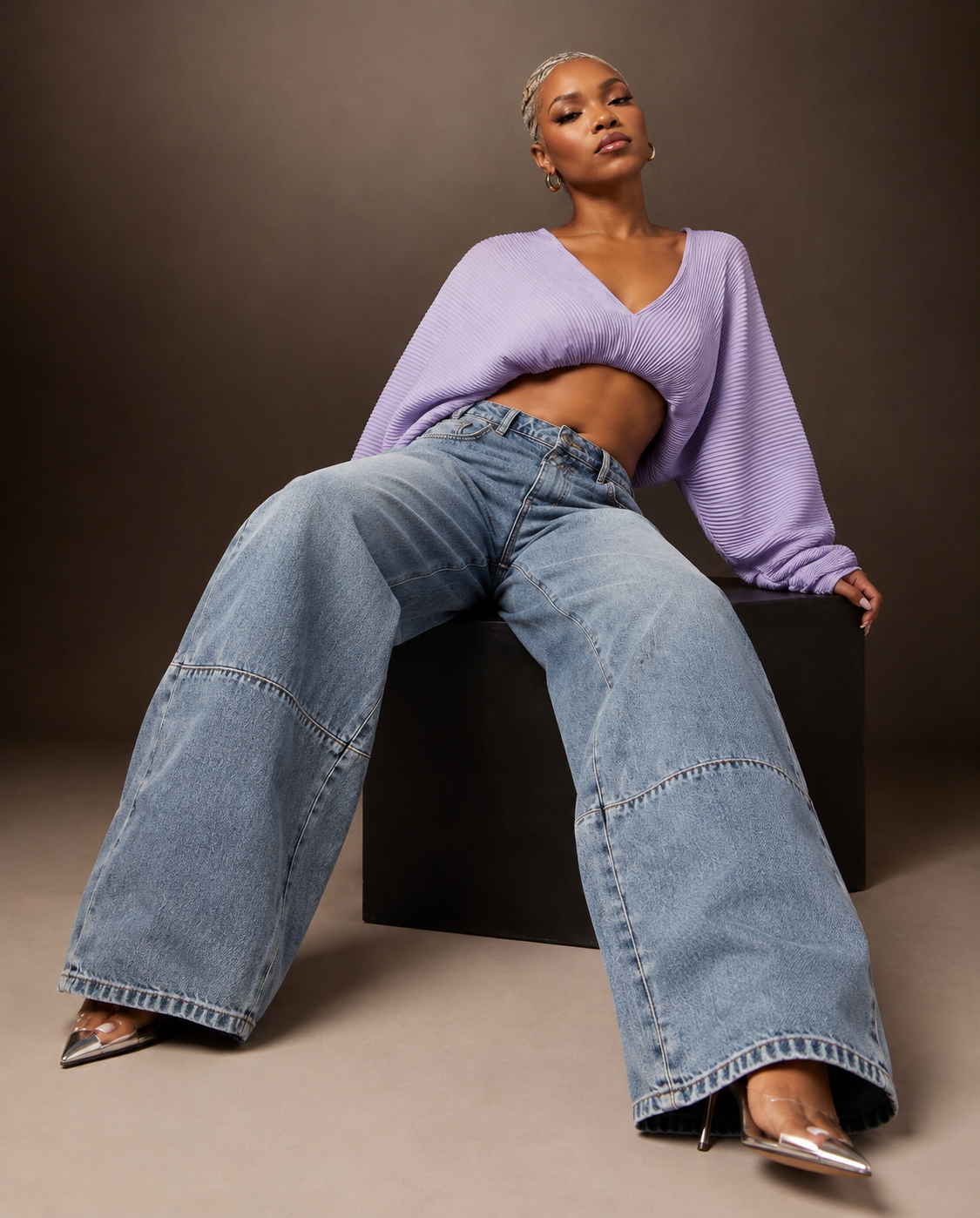 Crossover Waist Barrel-Leg Jeans