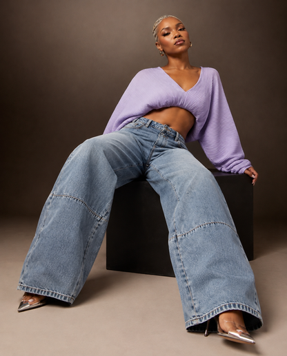 Crossover Waist Barrel-Leg Jeans