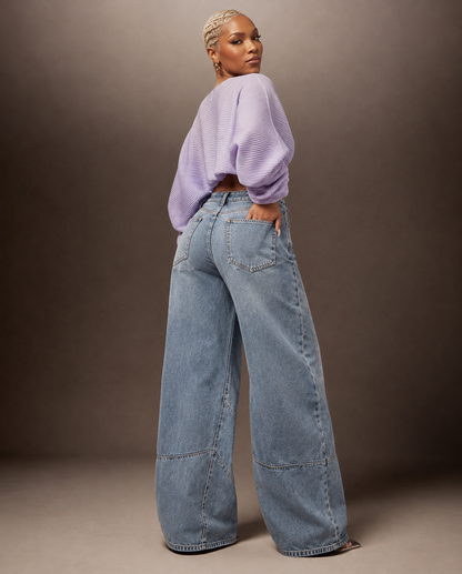 Crossover Waist Barrel-Leg Jeans