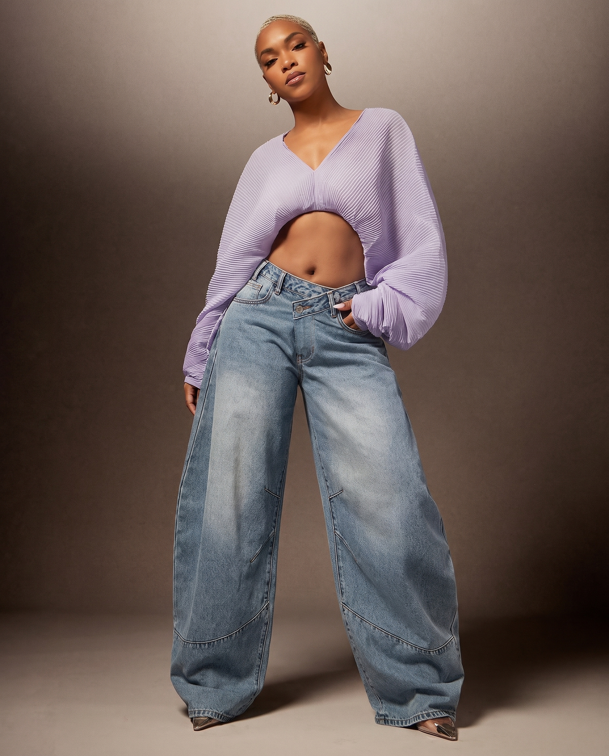 Crossover Waist Barrel-Leg Jeans