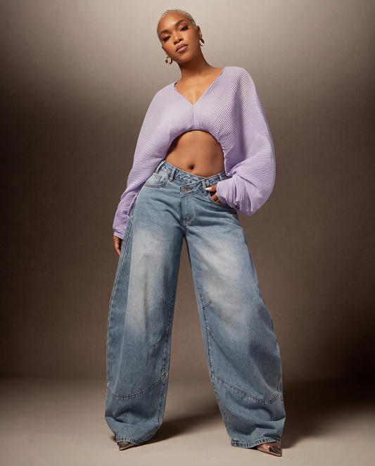 Crossover Waist Barrel-Leg Jeans