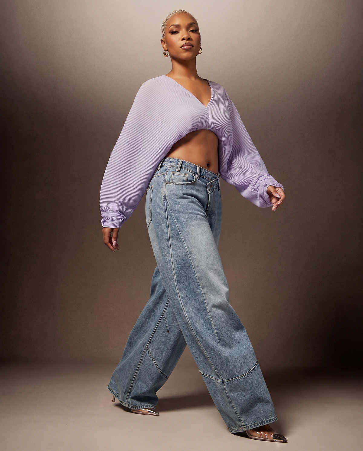Crossover Waist Barrel-Leg Jeans